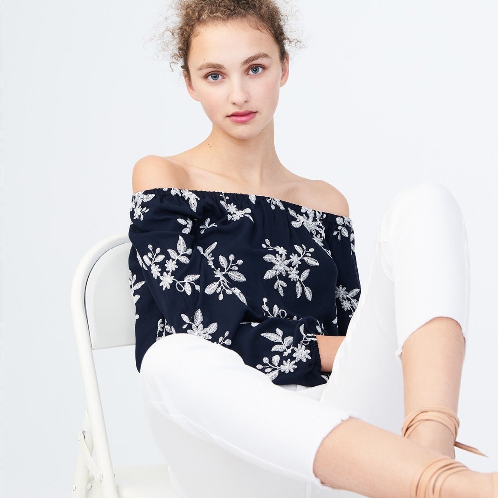 Navy & White Embroidered Off The Shoulder Top